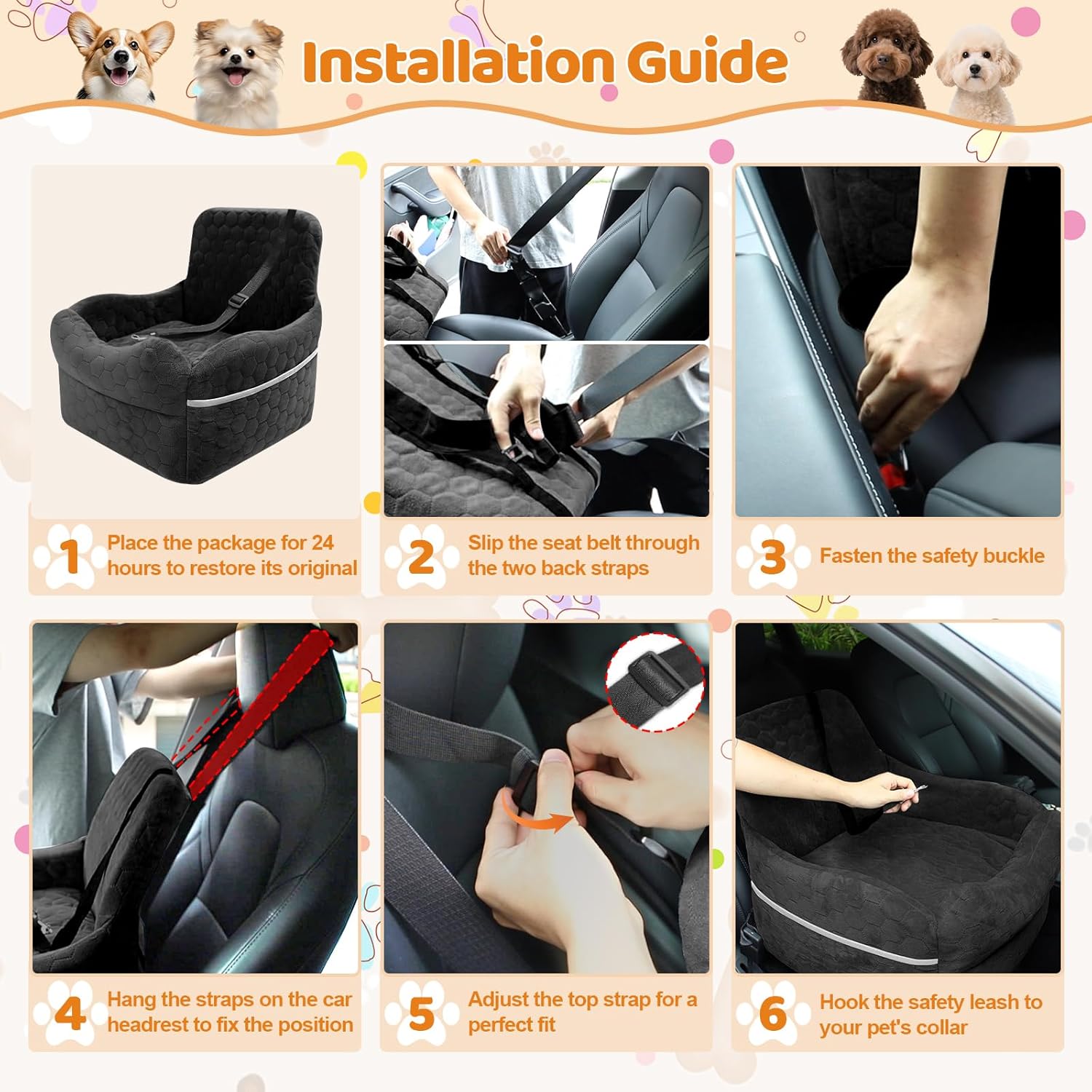 Dog Car Seat for Small/Medium Dogs - Puppy Car Seat Under 35 lbs with Thick Elevated Cushion & Safety Belt for Travel - Detachable & Washable Dog Booster Seat with 2 Sides Storage Pockets(Black)