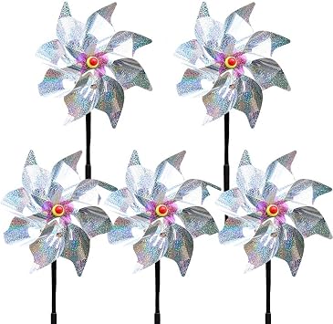 Reflective Pinwheels Foil Windmill Bird Scarer Windmill Bird Deterrent Pinwheel Effective Colour Spinner Animal Pigeon Deterrent for Gardens Plant Protect 5Pcs Silver