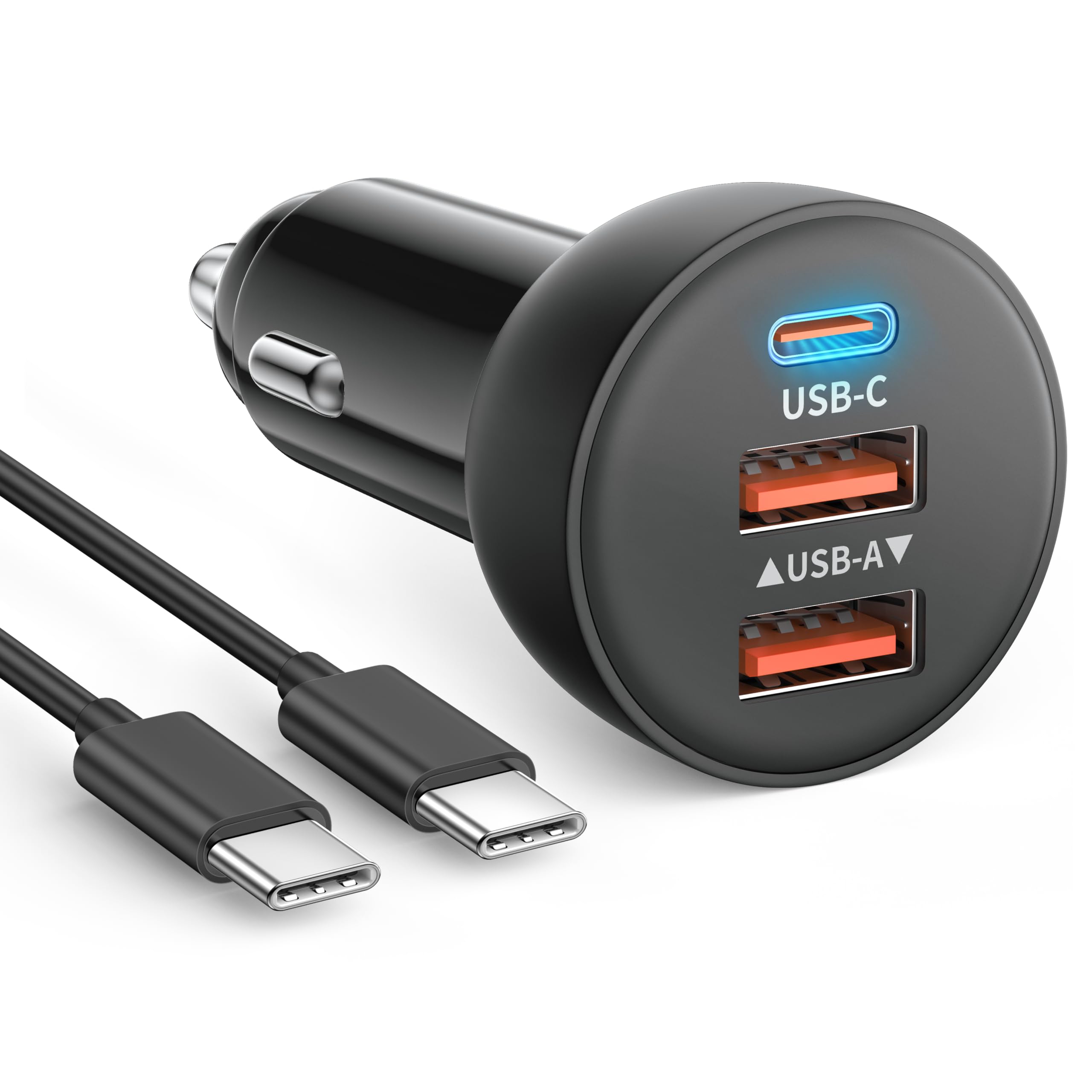 Cargador de coche de 3 puertos para iPhone 16/16e/15 Pro Max Plus, cargador de coche USB-C USB-A de carga rápida de 53 W y cable USB C a C para iPhone 15/16e/16, iPad, Galaxy, accesorios Android