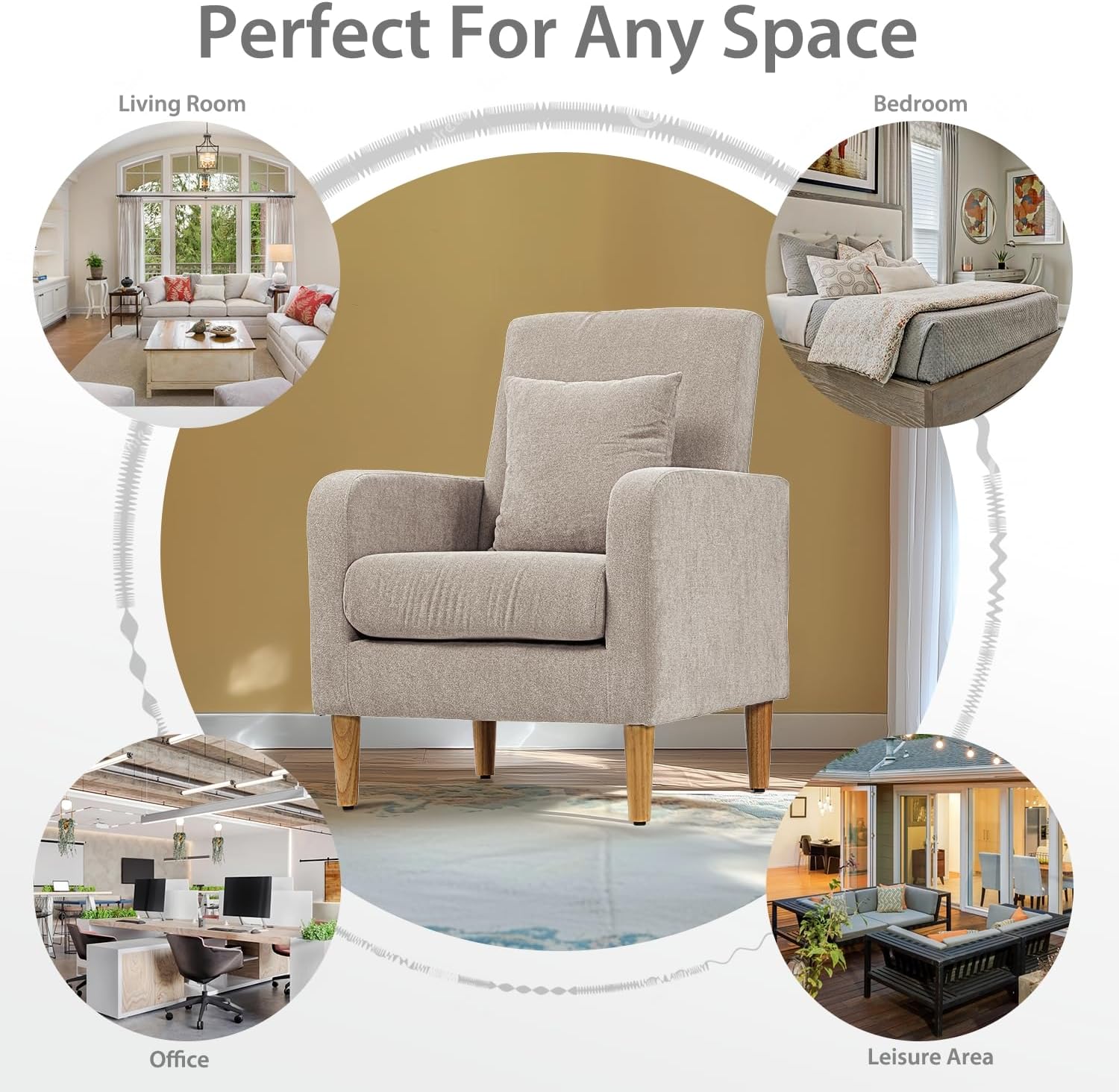 OS MOTOR Upholstered Sofa Chair with Pillow, Fabric Accent Armchair with Wooden Legs, Comfy Lounge Chair for Living Room, Bedroom, or Office, Supports up to 300 lbs (Beige)