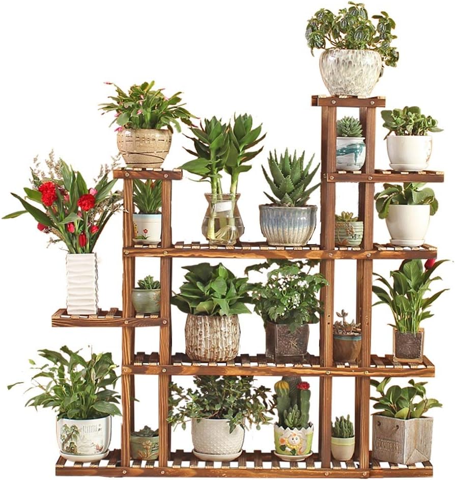 Wooden Plant Flower Stand, Outdoor Display Shelf,Indoor Storage Rack, for Yard Garden Patio Balcony ，6 Pot Holders Flower Pot Shelf (Brown L120cmxW25cmxH120cm)