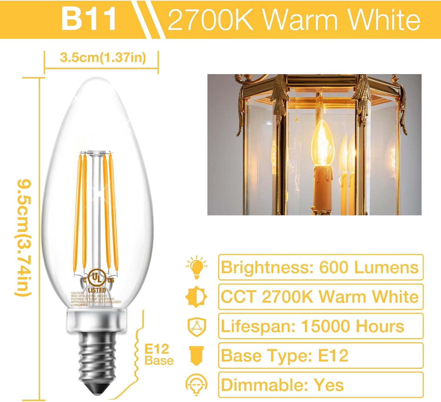 DAYBETTER Dimmable E12 Candelabra LED Light Bulbs, Chandelier Light Bulb 60 Watt Equivalent, 5.5W 600 LM 2700K Warm White, B11 Vintage LED Filament Candle Light Bulbs, No Flicker, UL Listed, 12 Pack