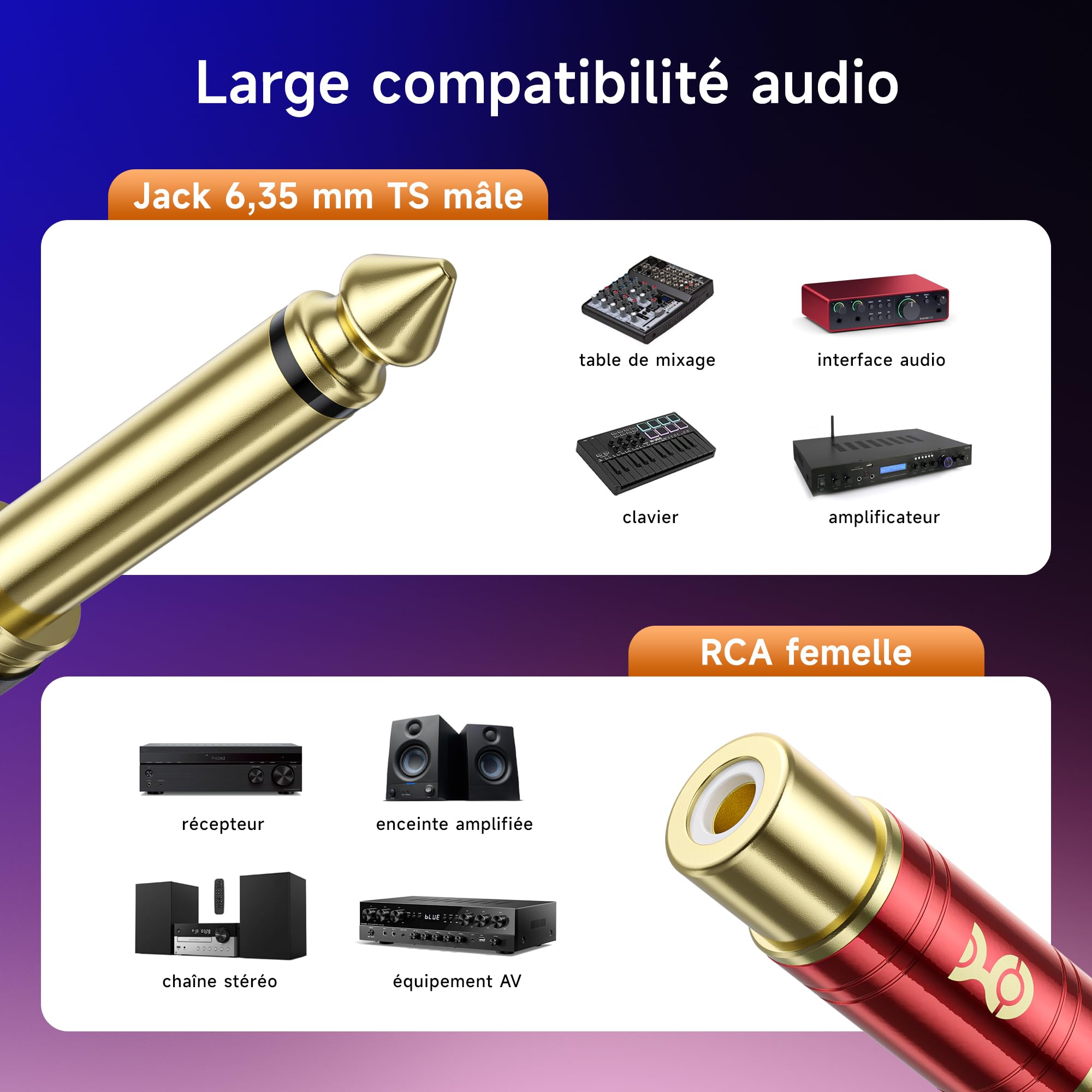 Cable Matters Lot de 4 adaptateurs RCA vers Jack 6,35 mm (1/4") TS Mono – Convertisseur Jack 6,35 mm vers RCA, pour TV, chaîne Hi-FI, ampli, Instruments et équipements Audio domestiques