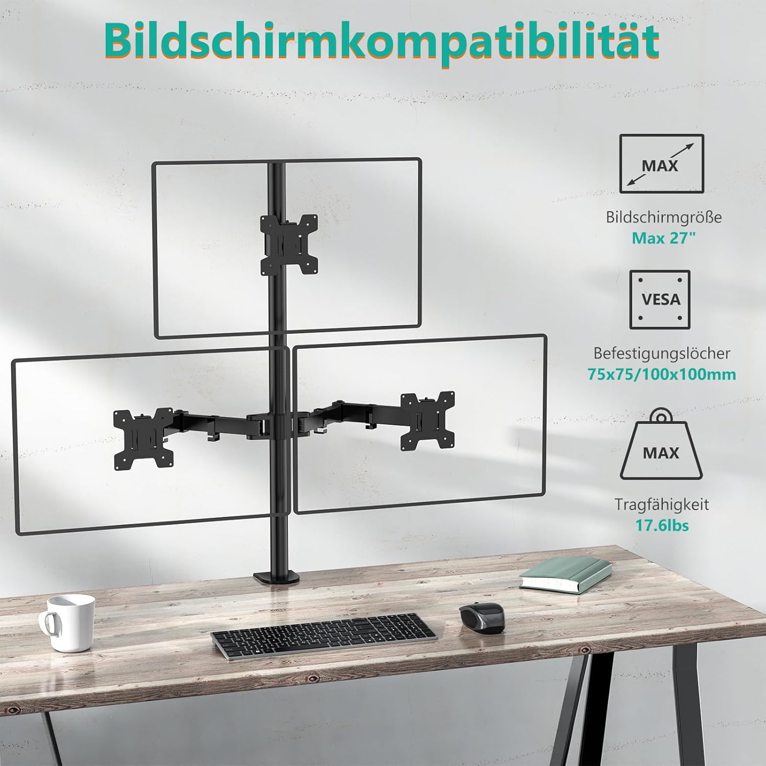 WALI Tall Triple Monitor Mount for 13-27 inch Computer Screens, 3 Monitor Desk Mount, Holds up to 22 lbs, Adjustable Triple Monitors Stand with Swivel Tilt Rotation, 75x75/100x100mm (M003), Black