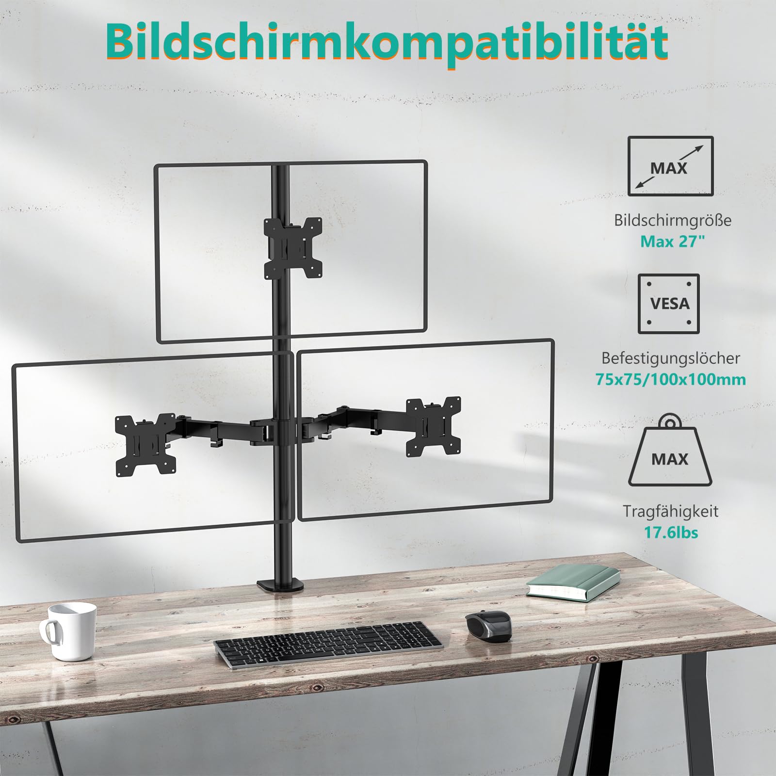 WALI Braccio triplo per monitor fino a 27", completamente regolabile, articolato, triplo supporto per monitor con inclinazione girevole e girevole, supporta schermi fino a 10 kg, VESA 75 e 100 mm,