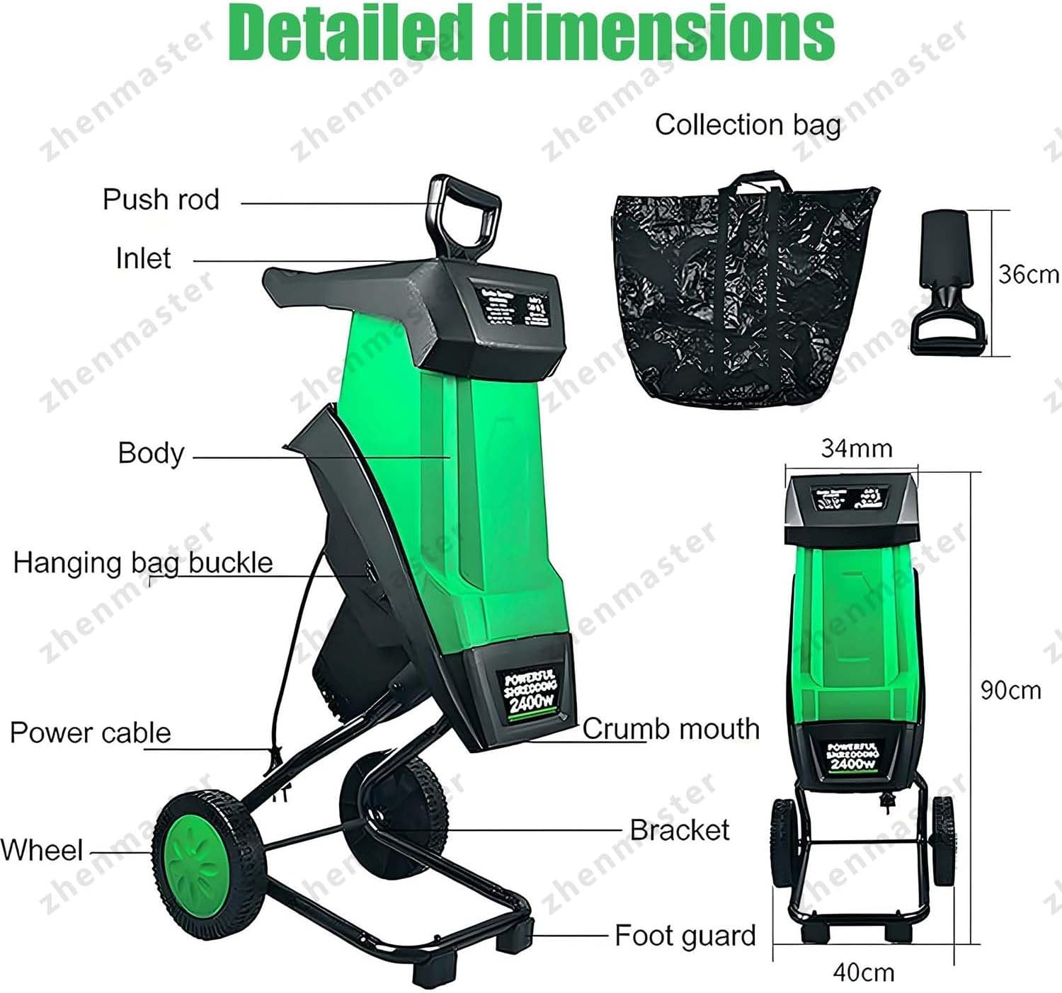 Electric Garden Shredder 2400W Wood Chipper with 50L Bag, 40mm Branch Cutting Capacity, Quiet Portable Leaf Mulcher for Garden Waste, Composting, and Yard Cleanup, Heavy-Duty Wheels