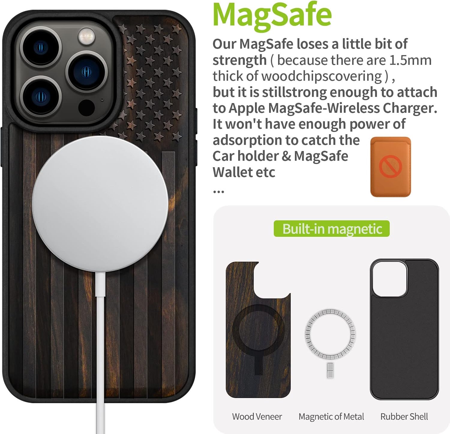 Carveit Magnetic Wood Case for iPhone 14 Pro - Natural Wood & Black Soft TPU - Shockproof Protective Cover - Unique & Classy Wooden Case - Compatible with MagSafe (American Flag - Blackwood)