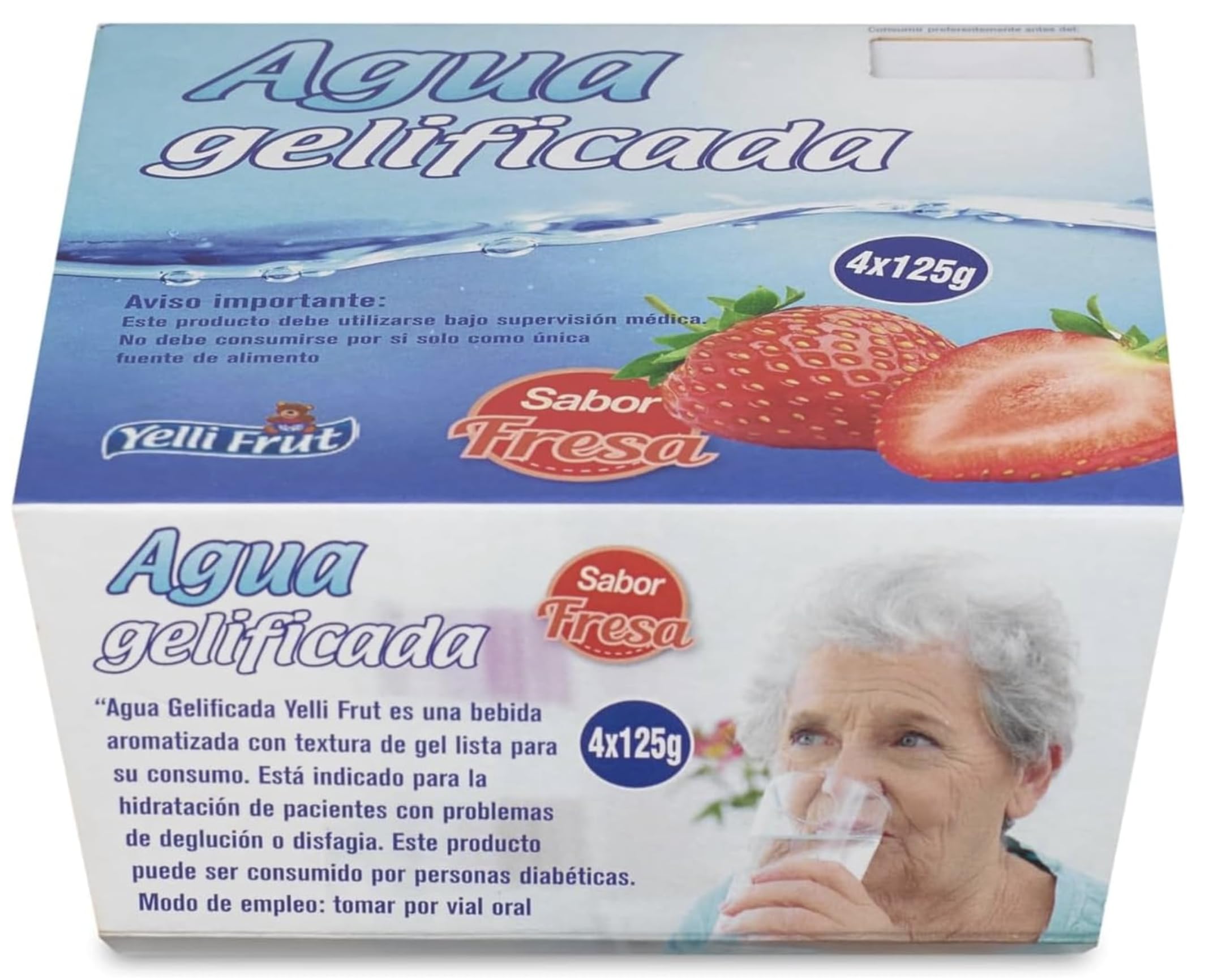 Eau gélifiée. Épaississant pour la dysphagie. Saveur fraise, en pot de 125 g. Lot de 6 x 4 = 24 pots. Saveurs eau gélifiée pour la dysphagie. Eau gélifiée pour une hydratation en toute sécurité.