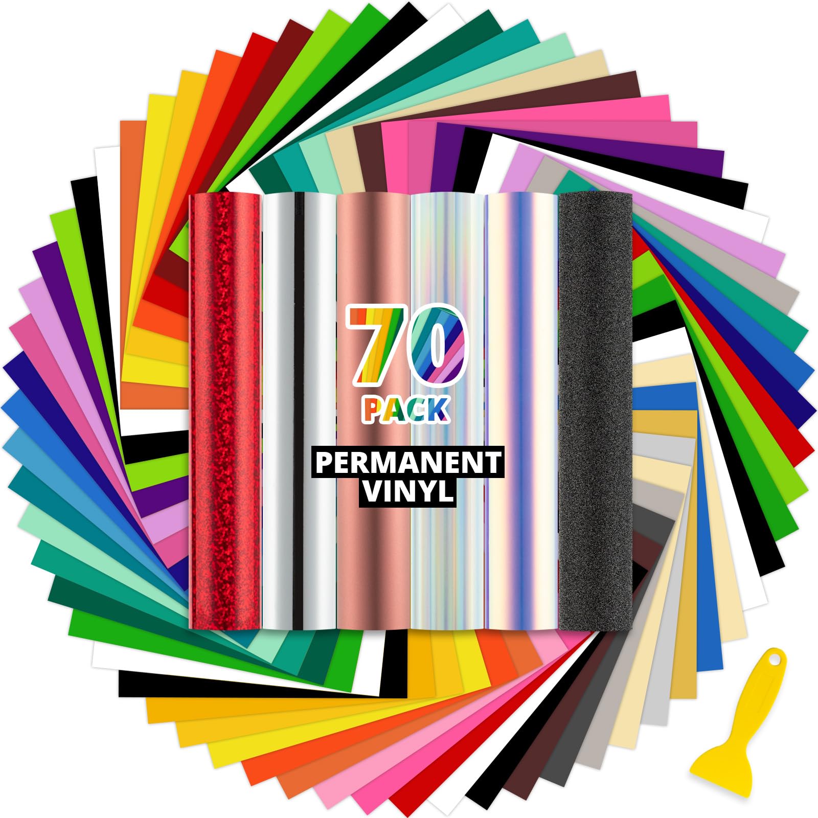HTVRONT 70 hojas de vinilo permanentes, multicolor, 12 x 12 pulgadas, paquete de vinilo permanente para proyectos de manualidades, decoración de fiestas