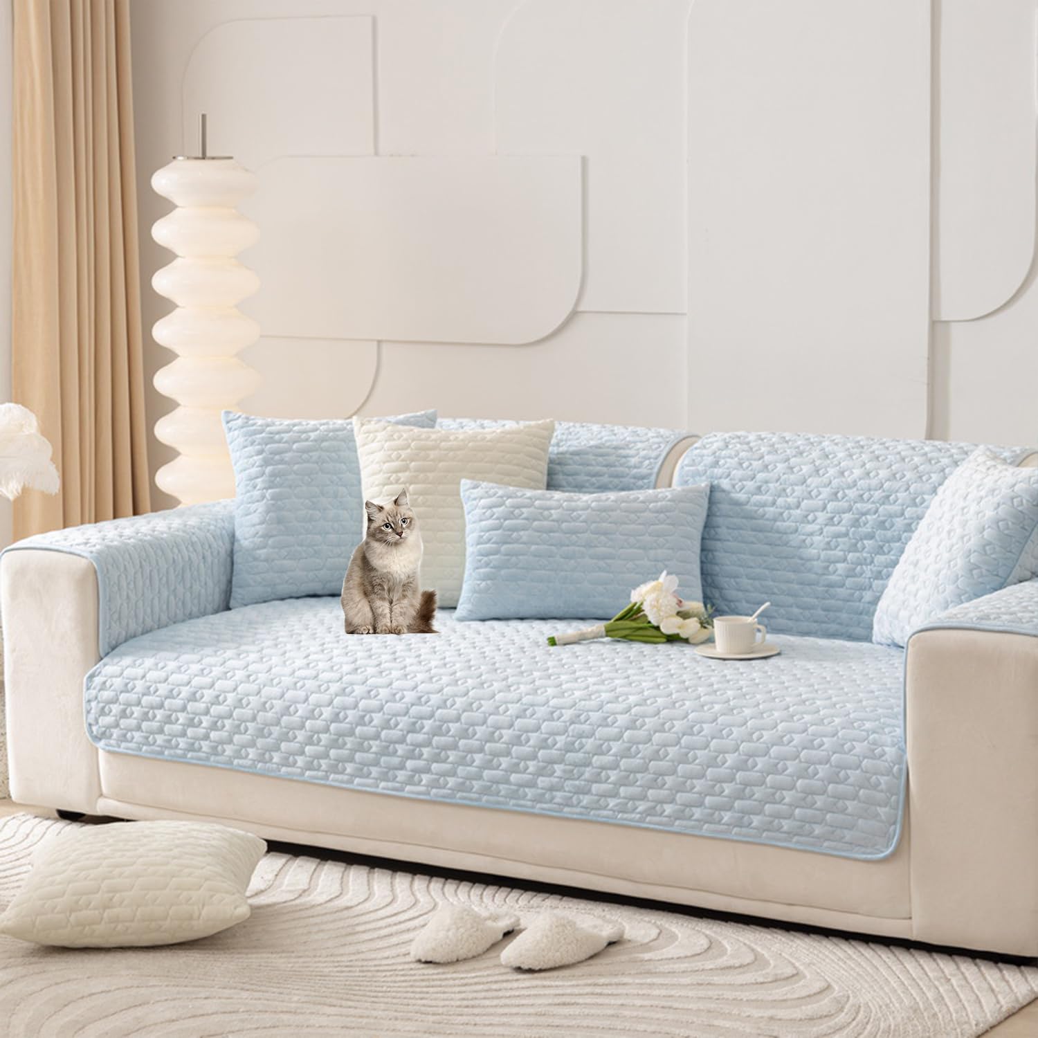 Housse de canapé en velours bleu clair lavable 110x240cm