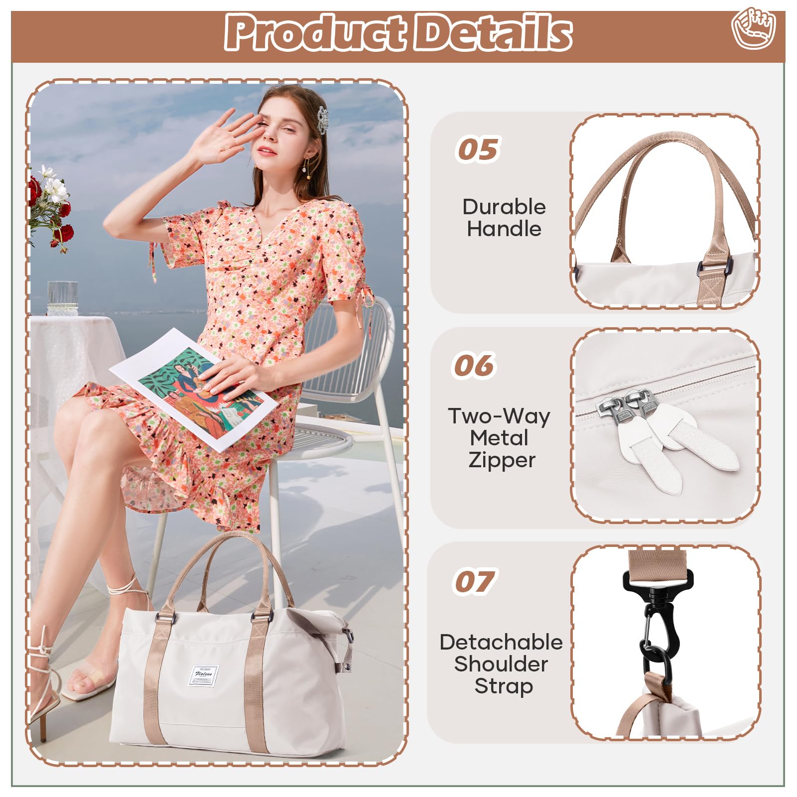 Bolsa deportiva de viaje grande para gimnasio, para mujer, bolsa de fin de semana, X-beige, Large, Deportivo
