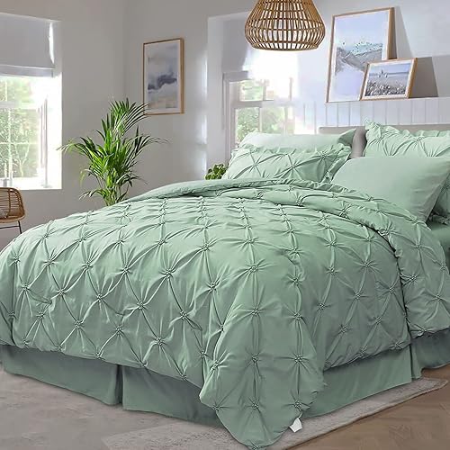 Miniatura 9 de JOLLYVOGUE Juego de edredón Queen de 7 piezas, juego de edredón verde para dormitorio, juegos de edredón de cama con edredón, sábanas, fundas de