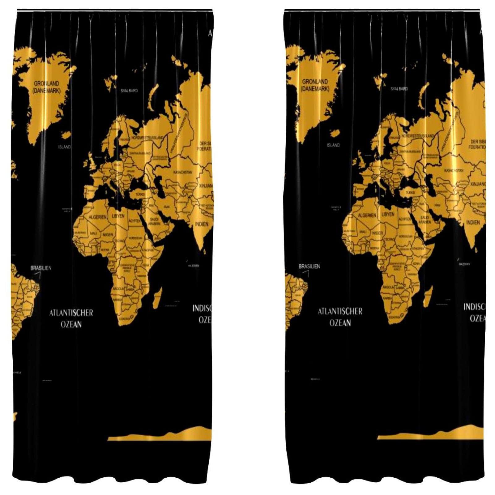 Juego de 2 cortinas decorativas ligeras de 55x84 pulgadas con diseño de mapa mundial y colgado fácil