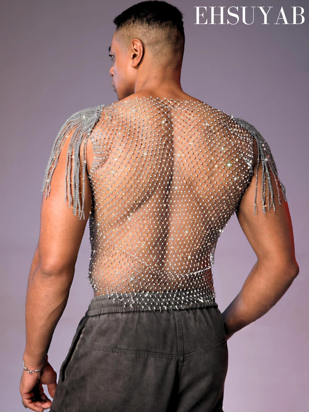 Men Sexy Fringe Cap Sleeve Sparkly Rhinestone Mesh Top, See Through Fishnet Shirt Tank Tops, Concert Club Rave Outfit - Image 2