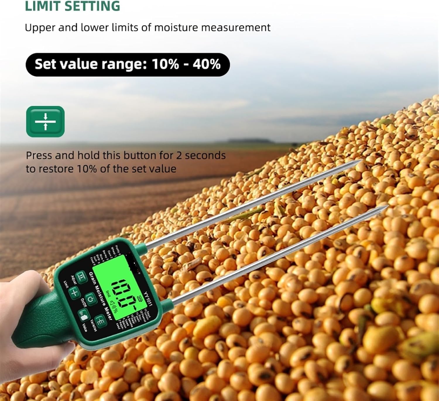 Close-up of the Grain Moisture Meter YY-1011 display showing '10.0%' with the probe inserted into soybeans. Text indicates 'LIMIT SETTING' and 'Set value range: 10% - 40%'. Instructions mention pressing and holding a button for 2 seconds to restore 10% of the set value.