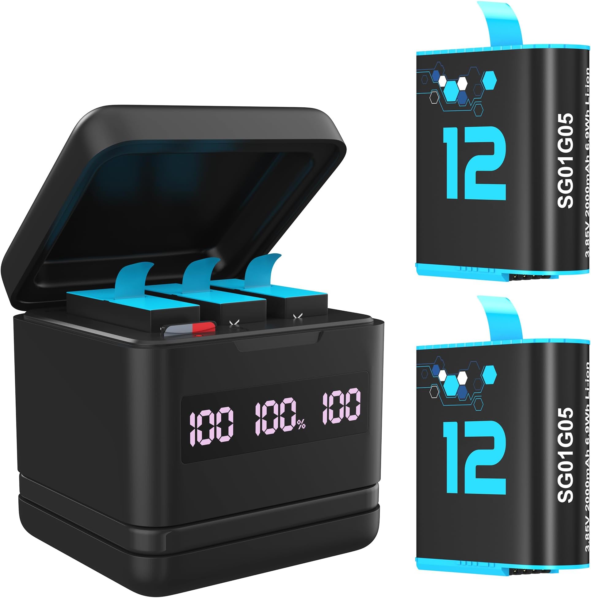 sevkumz Battery Charger for GoPro Hero 12/11/10/9, 2-Pack 2000mAh Replacement Batteries and 3 Channel Battery Charger Station(LED Power Display Screen)