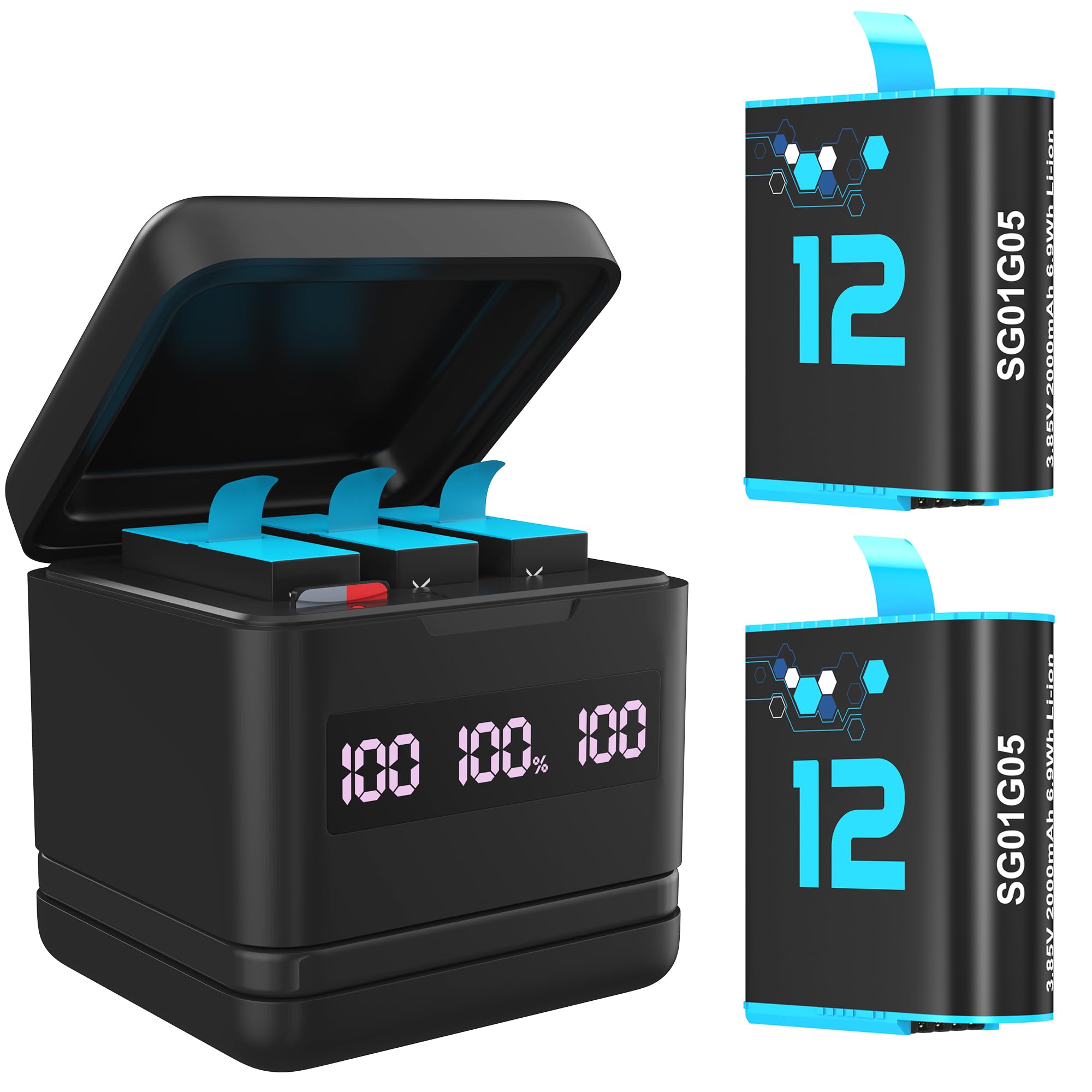 sevkumz Battery Charger for GoPro Hero 12/11/10/9, 2-Pack 2000mAh Replacement Batteries and 3 Channel Battery Charger Station(LED Power Display Screen)