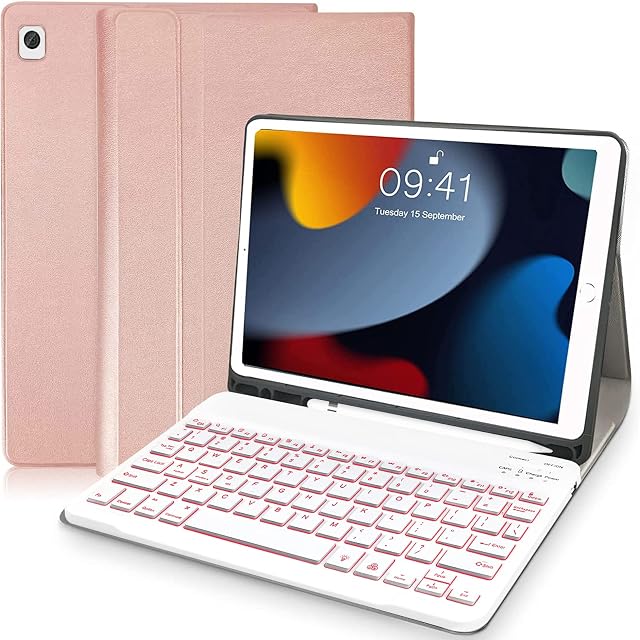 YUEJIDZ iPad 9th/8th/7th Generation Case with Keyboard 10.2-inch 2021/2020/2019,7 Color Backlit BT Detachable Keyboard with Pencil Holder for iPad Air 3rd/iPad Pro 10.5 2017,Rose Gold