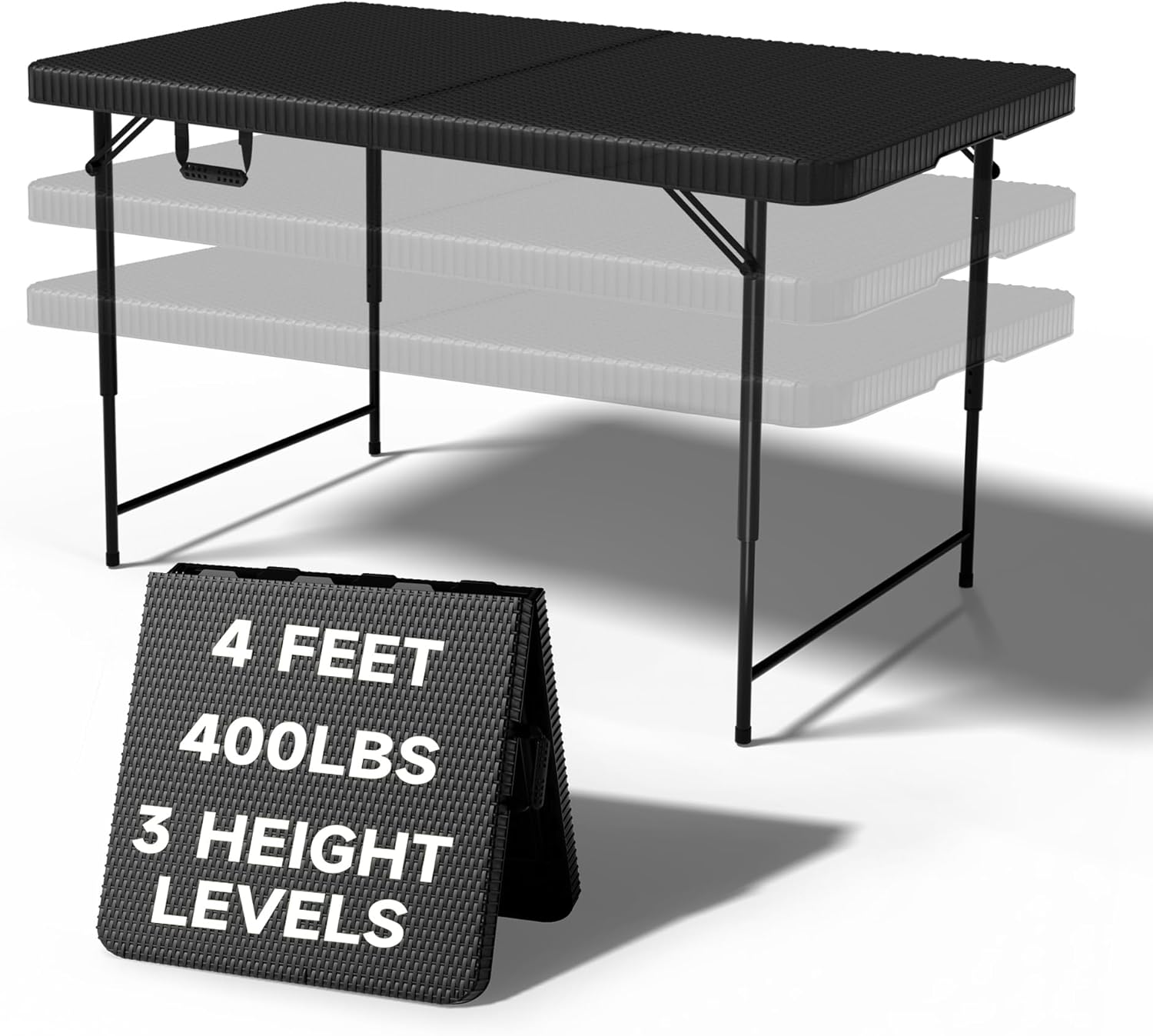 Folding Table 4 Foot, 3-Position Adjustable Height, Heavy Duty 440LBS Capacity, HDPE Wicker Pattern, Portable Tables Folding for Camping, Party, Indoor & Outdoor Use, 2 Pack.