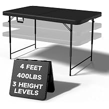 4-Foot Folding Table, 3-Position Adjustable Height, Heavy Duty 440 lbs Capacity, HDPE Wicker Pattern, Portable Table for Camping, Party, Indoor & Outdoor, 1 Pack