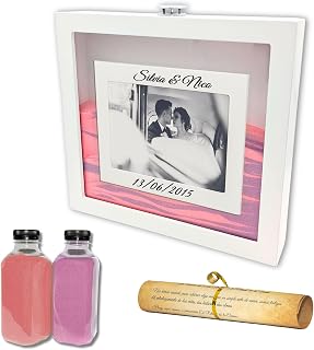 NIRALIS Marco Ceremonia Arena Personalizable de Madera lacada con arena decorativa color Morado y Rosa, para Ritual Arena boda Kit, con Marco de fotos10x15, 2 botes de 800g… (Blanco - Morado/Rosa)