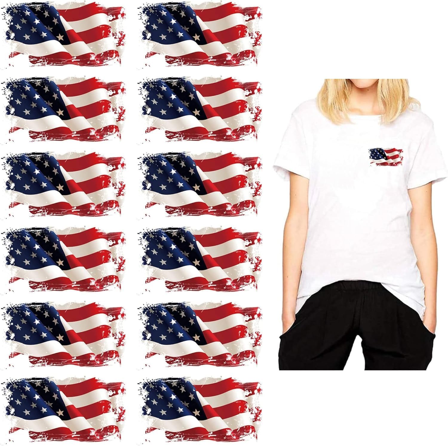 USA Flag Iron on Patches Heat Transfers Apppliques American Stickers Decals 12Pcs Patriotic Uniform Vest Jacket T-Shirt Backpack Hat Clothing DIY Decorations Appliques (USA Flag)