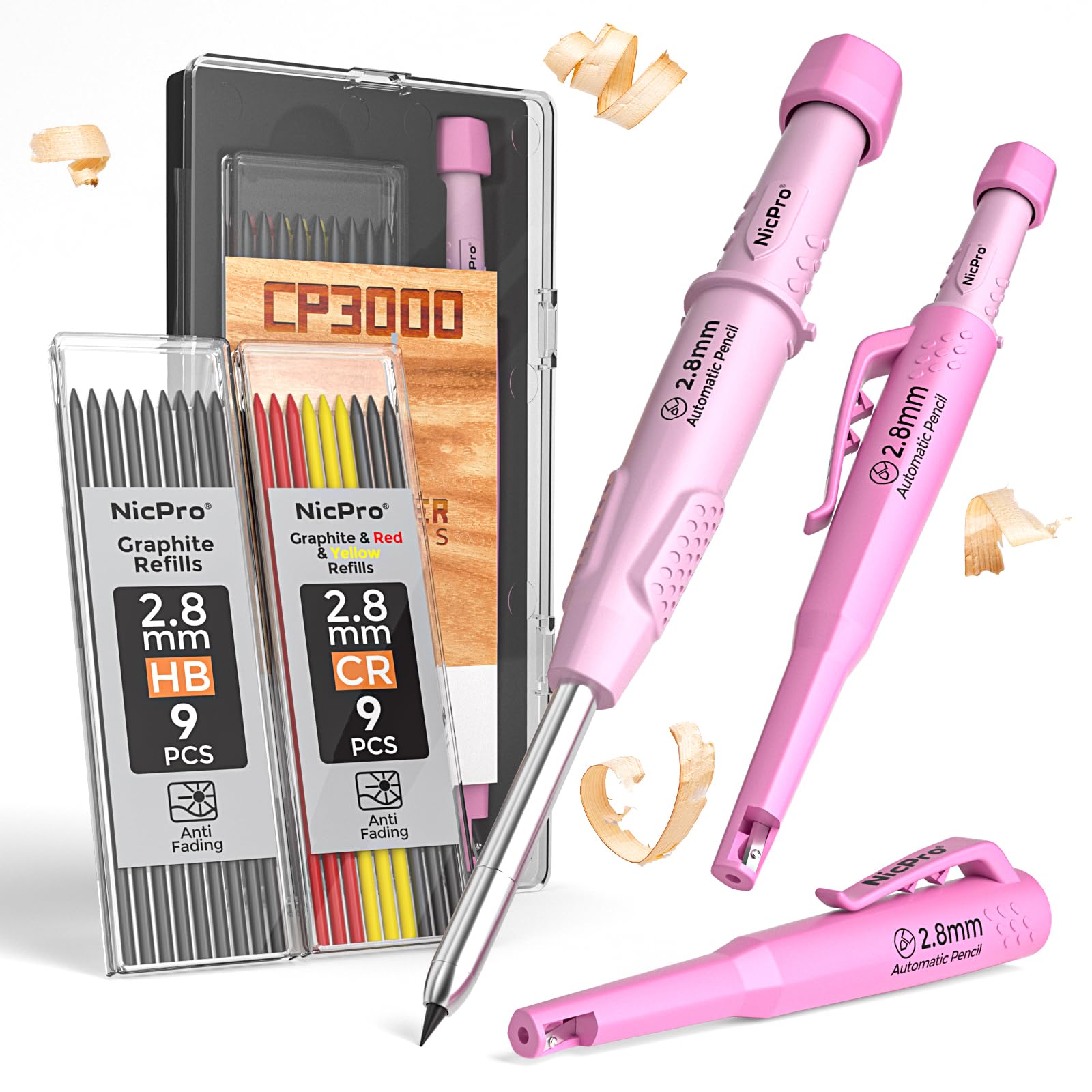 Nicpro CP3000 Carpenter Pencil with Sharpener, Construction Mechanical Pencils with 19 Refills, Heavy Duty Construction Pencil, Pink Woodworking Tools