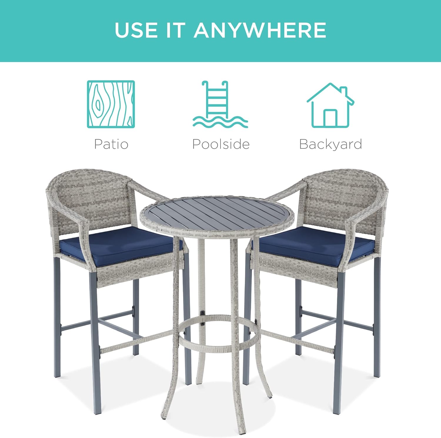 Best Choice Products 3-Piece Patio Bar Table Set, Outdoor Wicker Bar Height Bistro Furniture for Backyard, Poolside, Balcony w/Barstools, Cushions, Steel Frame – Gray/Blue : Patio, Lawn & Garden