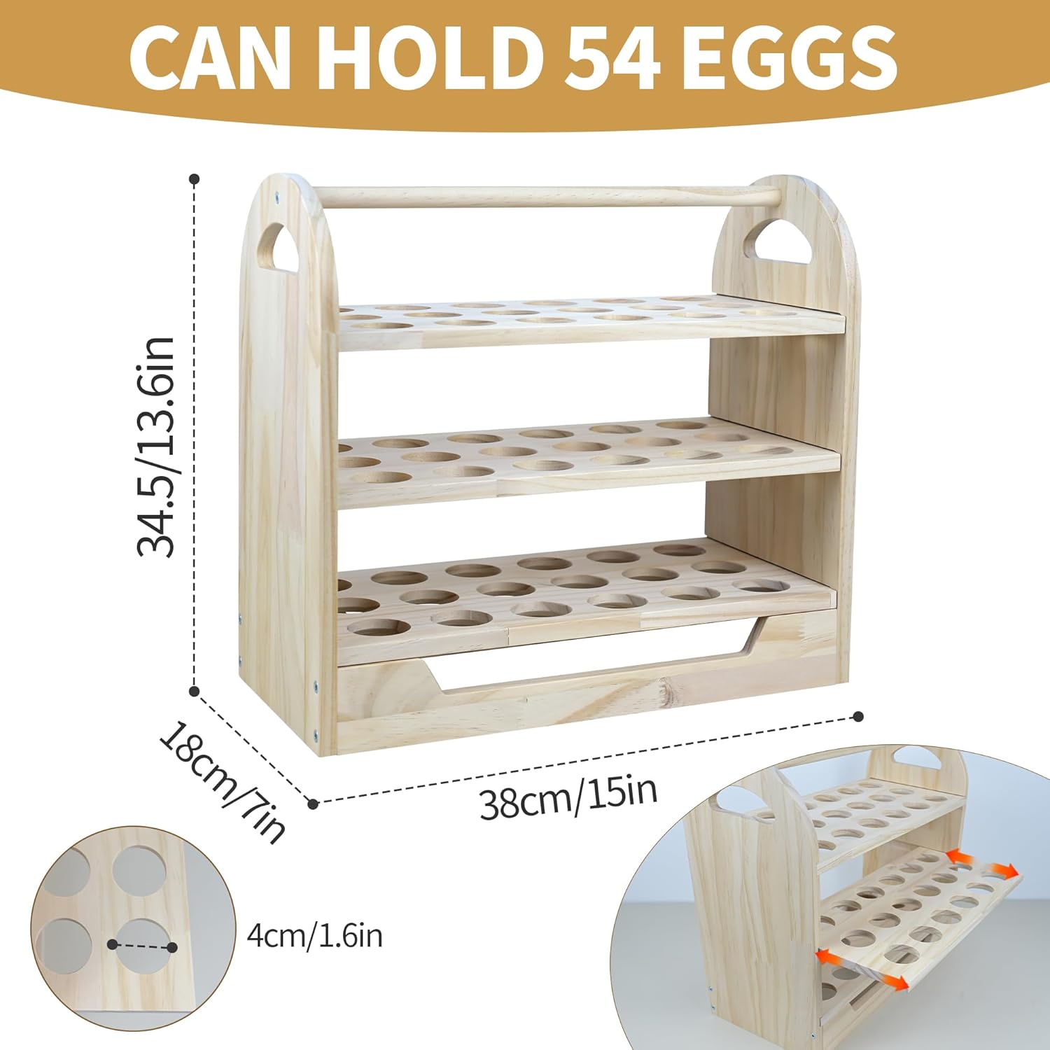Wooden Egg Holder Countertop with Handle 3-tire Wooden Egg Tray Holds 54 Eggs Detachable Egg Storage Rack for Kitchen Farmhouse Decor