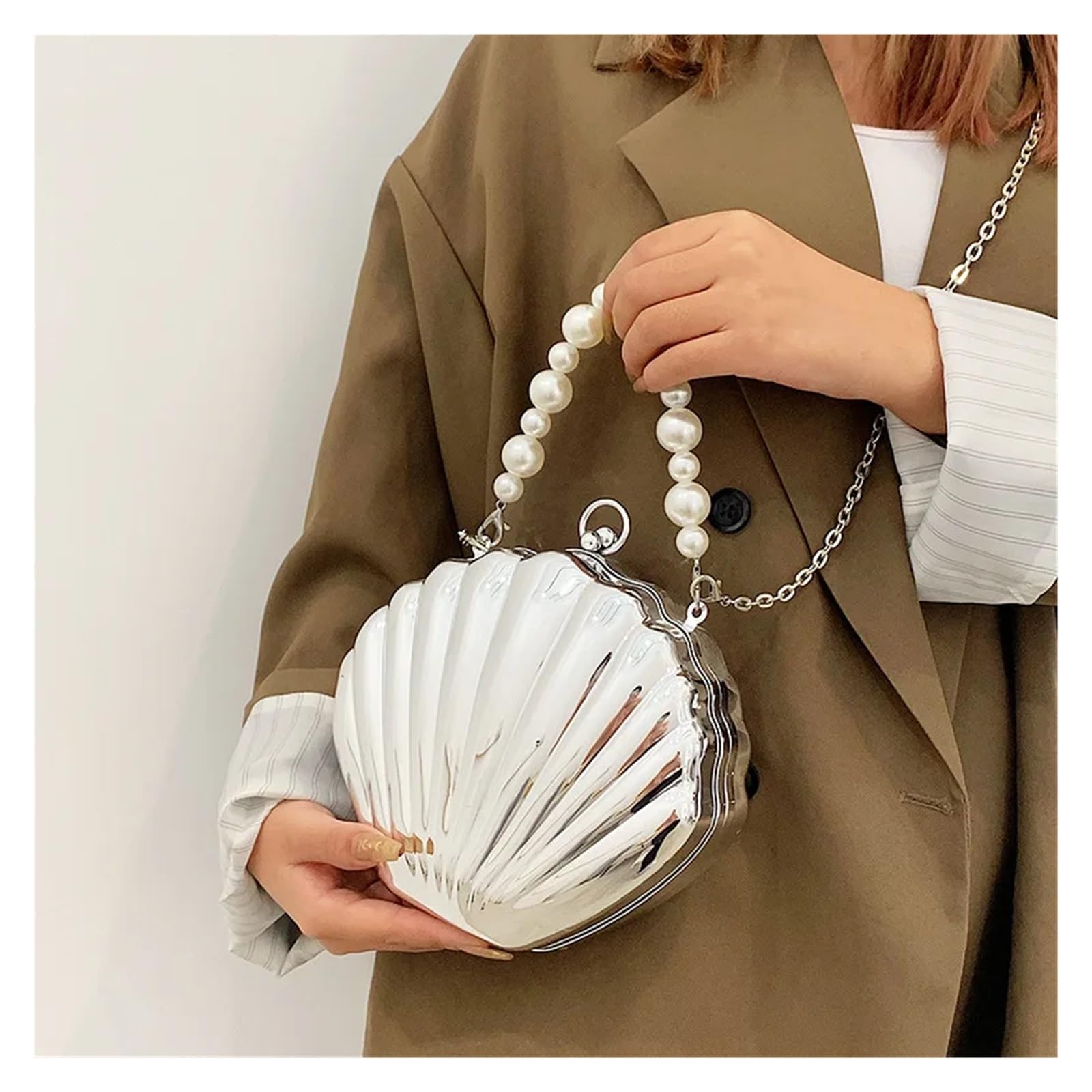 Muscheltasche, Neue Umhängetasche for Damen, Kleine Schultertaschen, Süße Geldbörsen, Goldene Abendtasche(Shape 2 White)