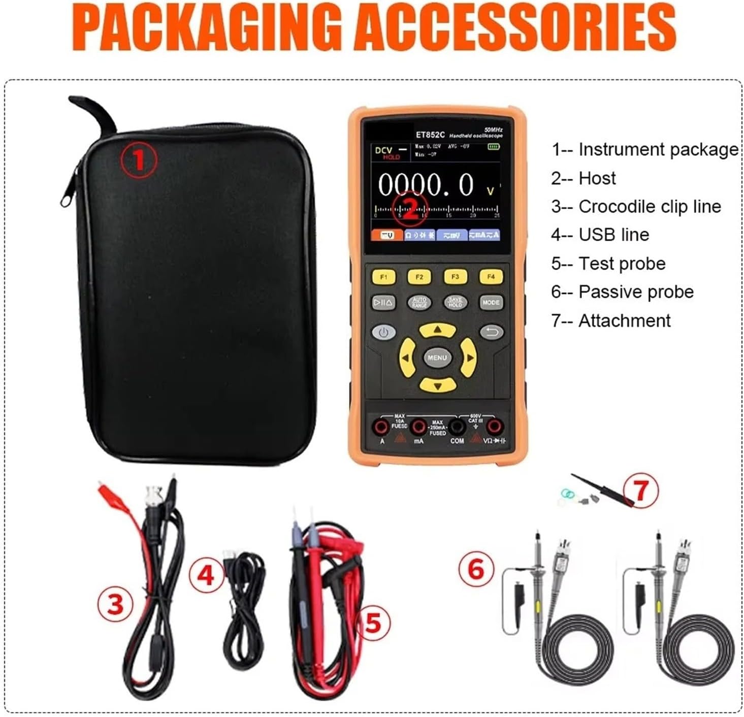 ET852C Dual Channel 50MH Oscilloscope Multimeter Signal Generator 3in1 Portable Large Screen Oscilloscope Car Diagnostic Tools