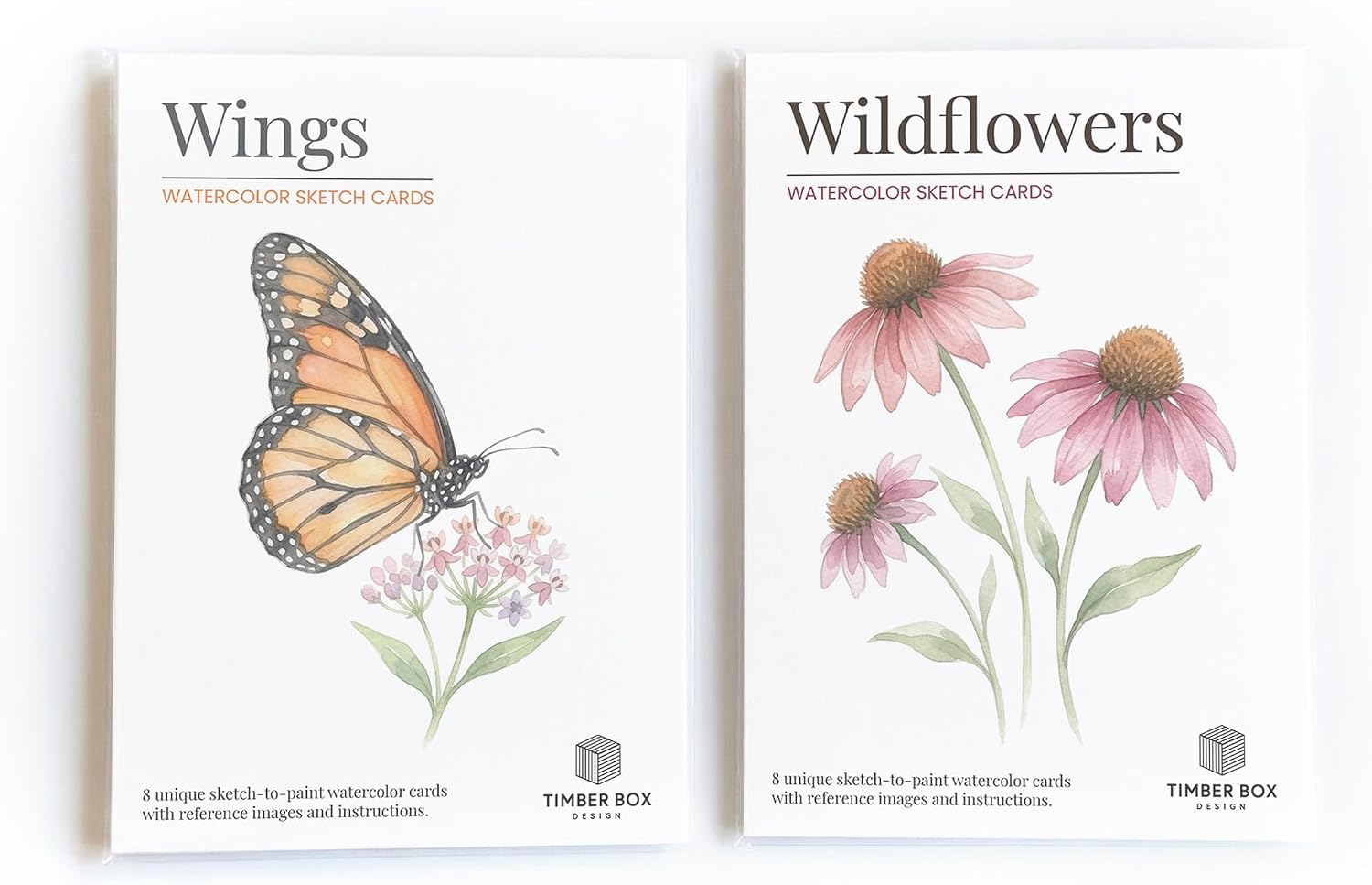 Watercolor Sketch-to-Paint Cards 5x7 – 2 Complete Sets (16 Paintable Cards on 300gsm Watercolor Paper) – Includes Reference Images & Instructions – Watercolor Practice (Wings & Wildflowers)