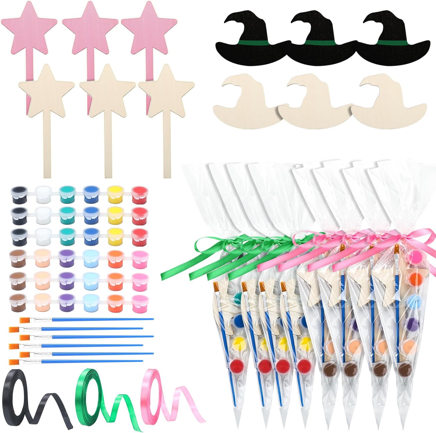 12 Sets Paint Your Own Witch Party Favors Pink and Green Princess Party Supplies DIY Wood Painting Craft Kit Witch Hat and Star Magic Wand Color Your Own Art Craft for Birthday Gifts