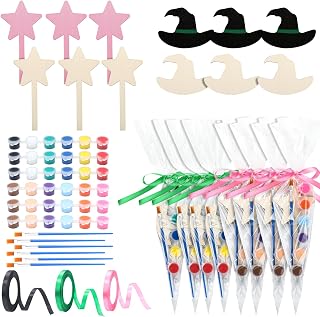 Simgoing 12 Sets Halloween DIY Witch Crafts Supplies Paint Your Own Princess Party Favors Pink and Green Party Wooden Painting Craft Witch Hat and Star Magic Wand with Paint Paintbrushes Ribbons Bag