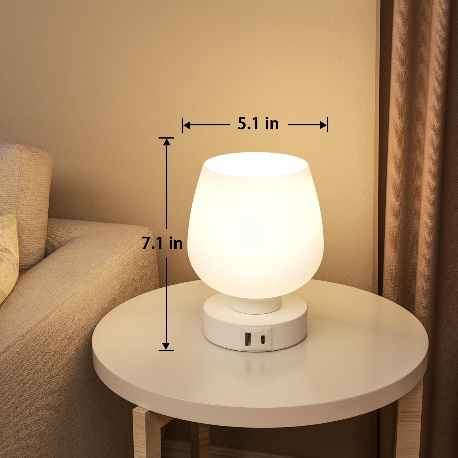 Touch Tischlampe für Nachttisch 2er Set - Nachttischlampe mit USB C+A Ladeanschlüssen für Schlafzimmer Wohnzimmer Nachttische, Schreibtischlampe mit weißem Glasschirm für kleine Räume, 3 Wege Dimmbar