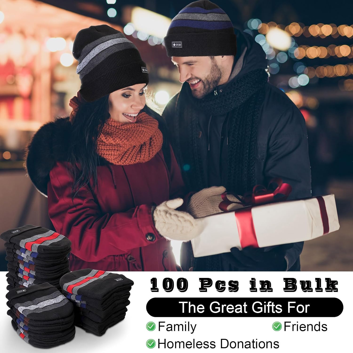 Kigeli 100 Pcs Beanie Hats for Men Bulk Winter Hats with Warm Thick Fleece Snow Skull Cap Plain Skull Knit Beanie Donation Charity