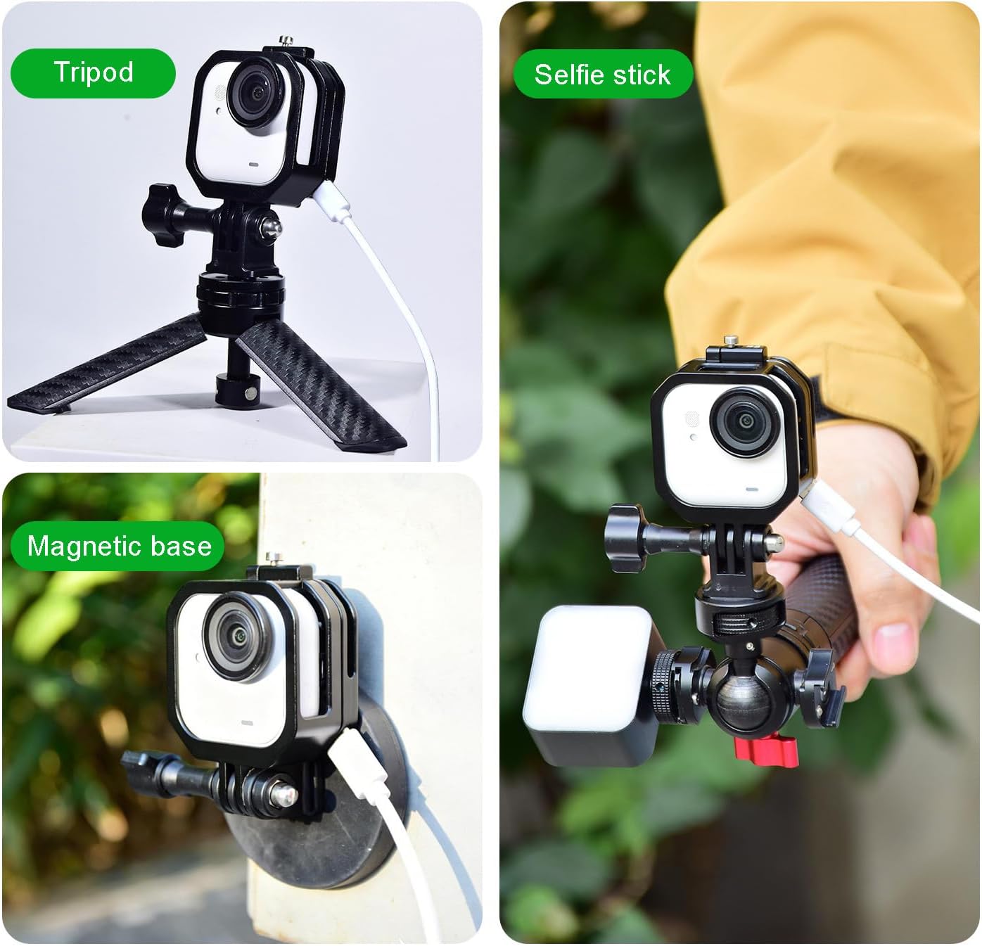 Aluminum Cage Compatible with Insta360 Go Ultra – Multi-Function Mount with Heat Dissipation, Charging Port & 1/4" Thread for Horizontal & Vertical Shooting (Magnetic Neck Charge Cool)