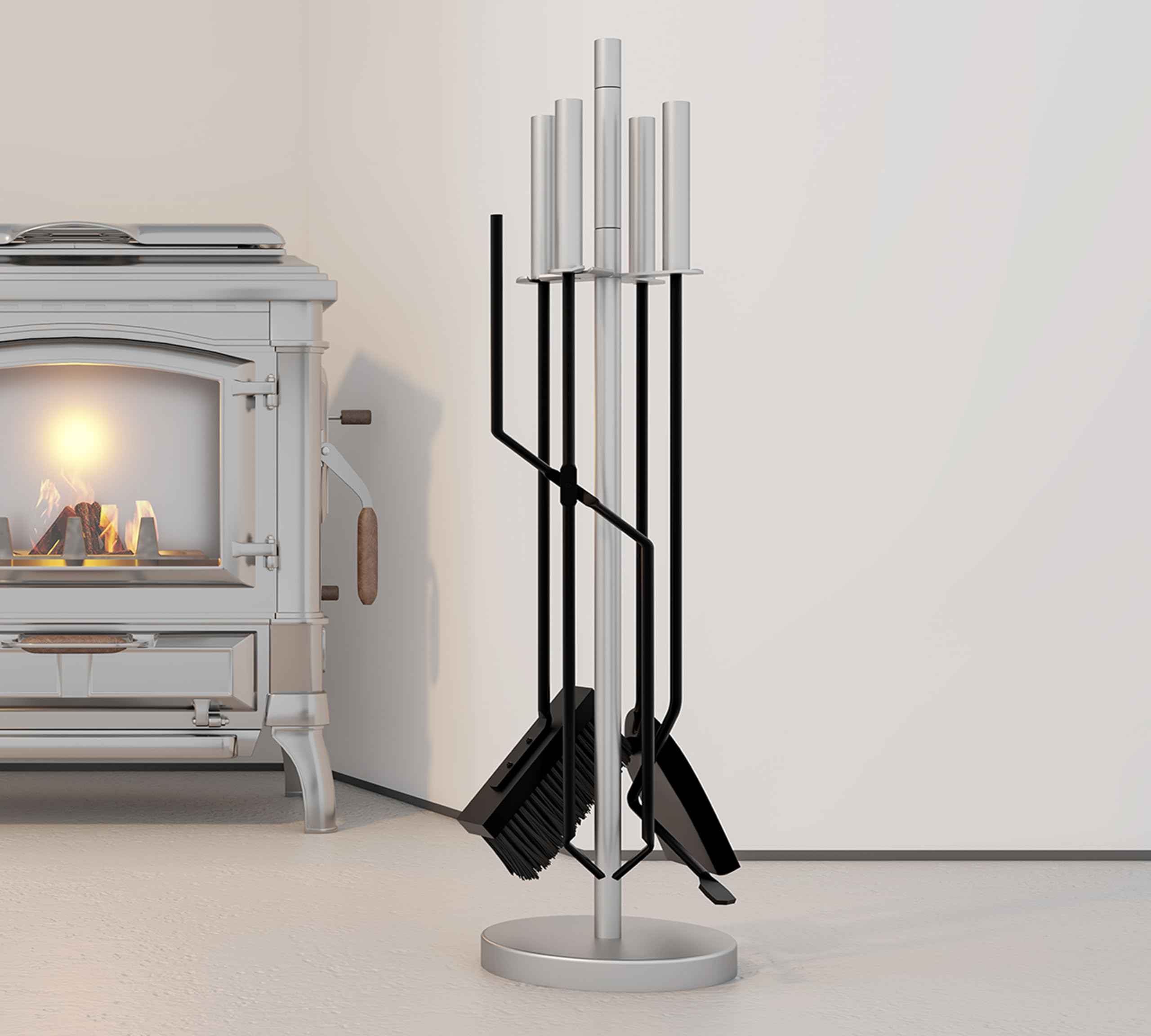 Kingson Set Moderno da 5 Pezzi per Camino – Manici e Supporto in Acciaio Inox – Include Spazzola, Attizzatoio, Pinze, Pala – Utensili in Ferro – Set di Attrezzi per Camino per Bruciatore a Legna