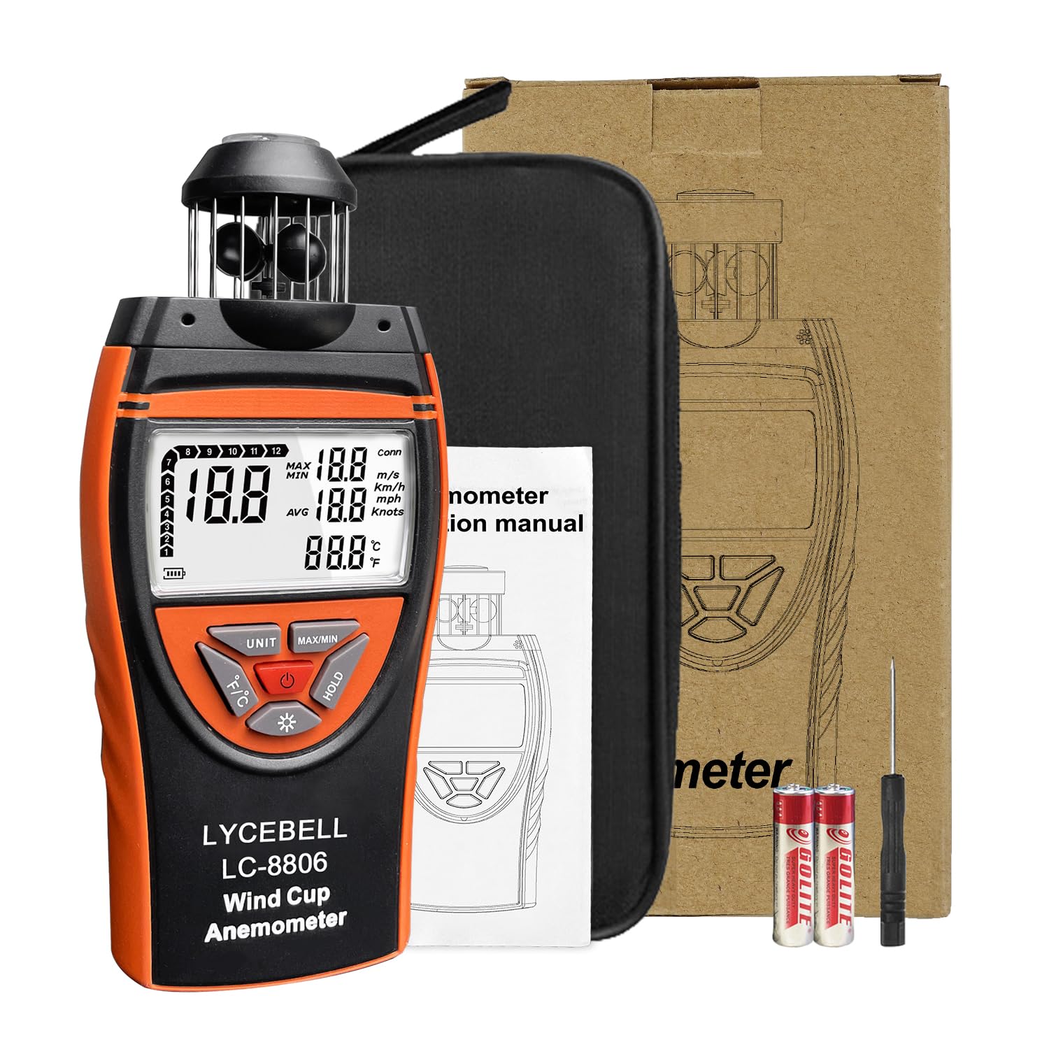 8806 Anémomètre Portable Professionnel – Capteur de Vent 360° 0,7-42 m/s, Mesure Précise de Vitesse Vent et Température | avec Boussole, Rétroéclairage | pour Industriel, Drones, HVAC