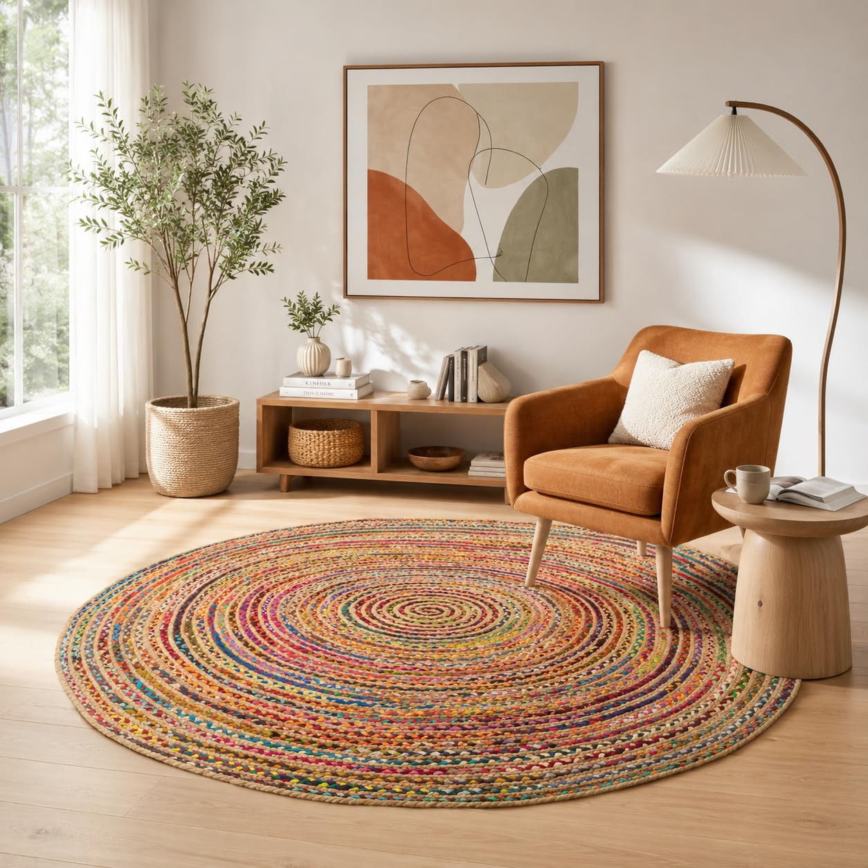 Pergamon Runder Jute Teppich Salsa Bunt mit Baumwolle - Handgefertigt aus strapazierfähiger Naturfaser - Schlichtes Design mit geflochtenem Muster - Verschiedene Größen verfügbar