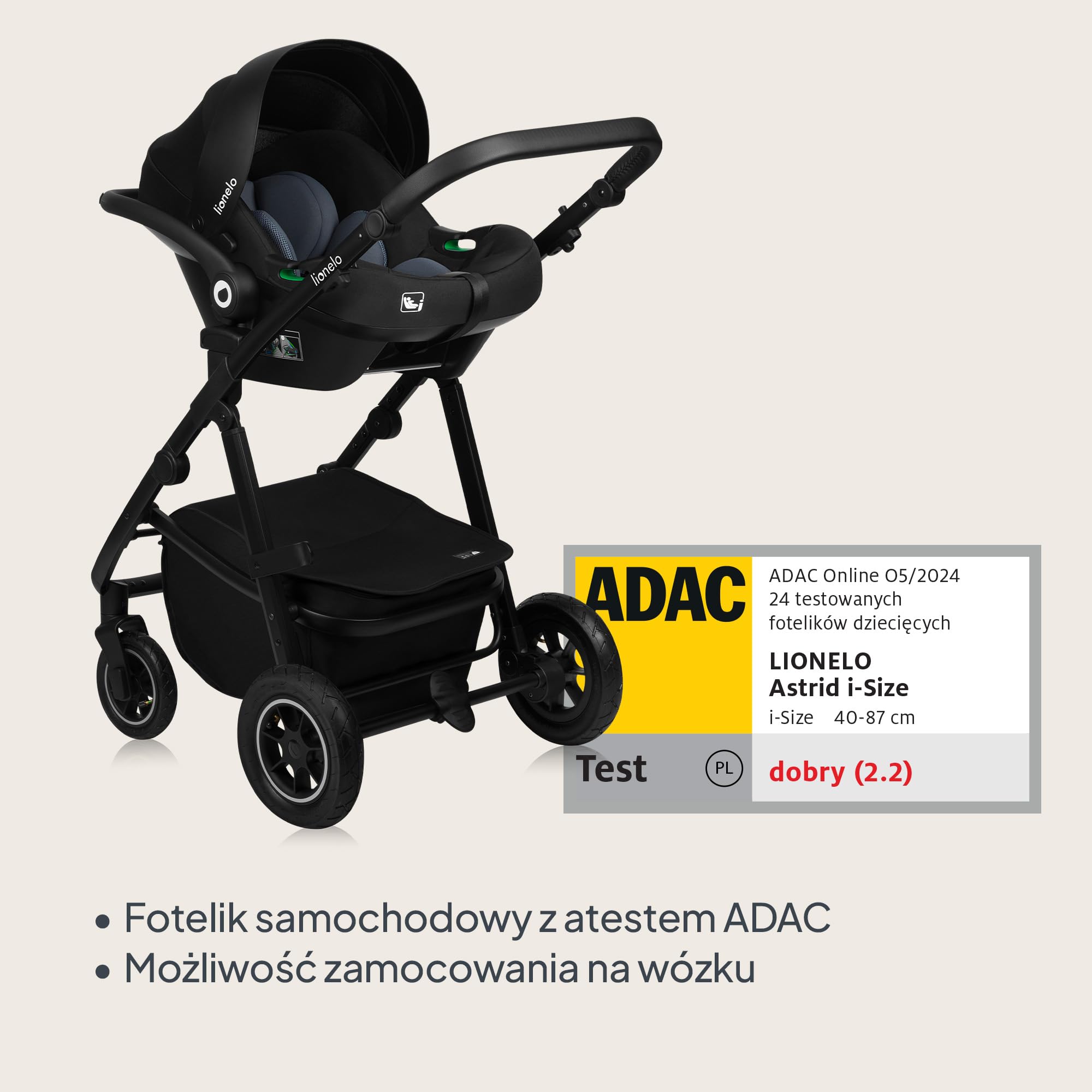 LIONELO AMBER PLUS 3 w 1 Wielofunkcyjny Wózek Dziecięcy od 0 do 4 lat do 22kg z Gondolą XL, Fotelik Samochodowy do 13 kg, Regulacja Oparcia, Duże Terenowe Koła 360o Budka XXL