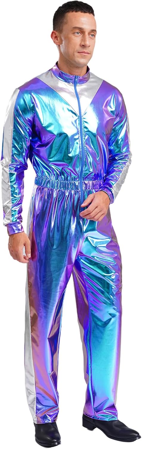 Oyolan Men Sparkly Shiny Bodysuit Long Sleeves Jumpsuit Fashion Casual Clothes Party Club Wear