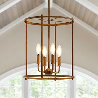 4-Light Wood Grain Lantern Chandelier, Adjustable Farmhouse Ceiling Light
