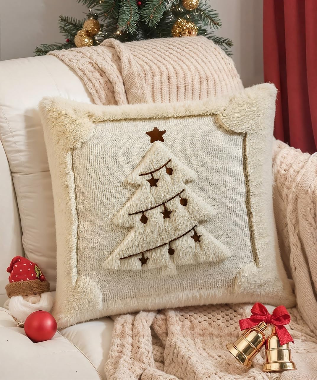 Christmas Pillow Covers Set of 2 Soft Plush Faux Fur Pillow Cases 3D Embroidered Decorative Couch Cover Home Decor Christmas Throw Pillow Covers 18x18,Beige Christmas Tree