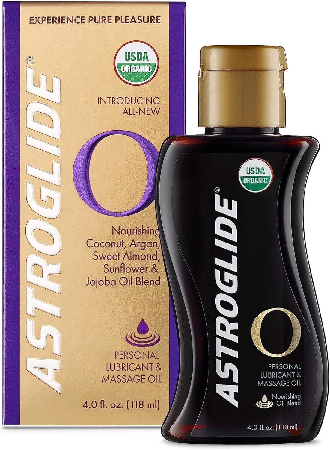 Astroglide Sensual Massage Oil and Lube (4oz), O Organic Essential Oil Based Hydrating Personal Lubricant, USDA Certified Organic