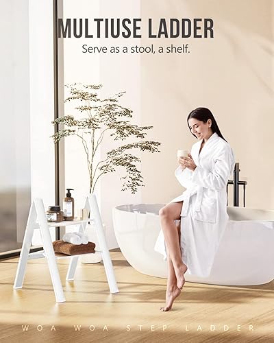 Miniatura 8 de WOA WOA Escalera de 2 escalones, taburete plegable, escalera ligera de aluminio para armario de cocina del hogar, pedales antideslizantes, facilidad