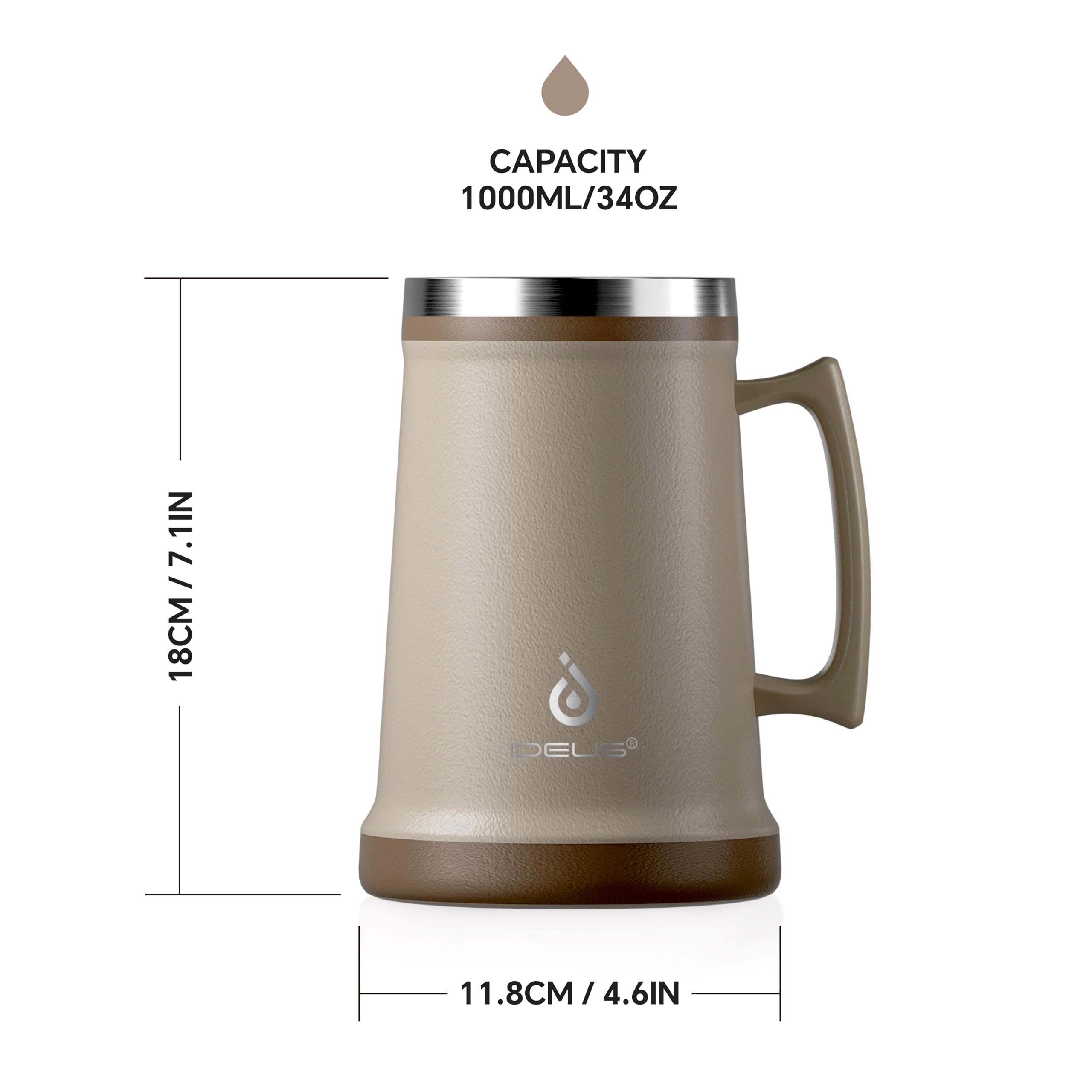 Ideus Jarra de cerveza aislada, 710/1000 ml, acero inoxidable, doble pared, vaso de cerveza gigante, vaso de metal con mango de agarre grande para fiestas y reuniones (rosa polvoriento, 34 onzas