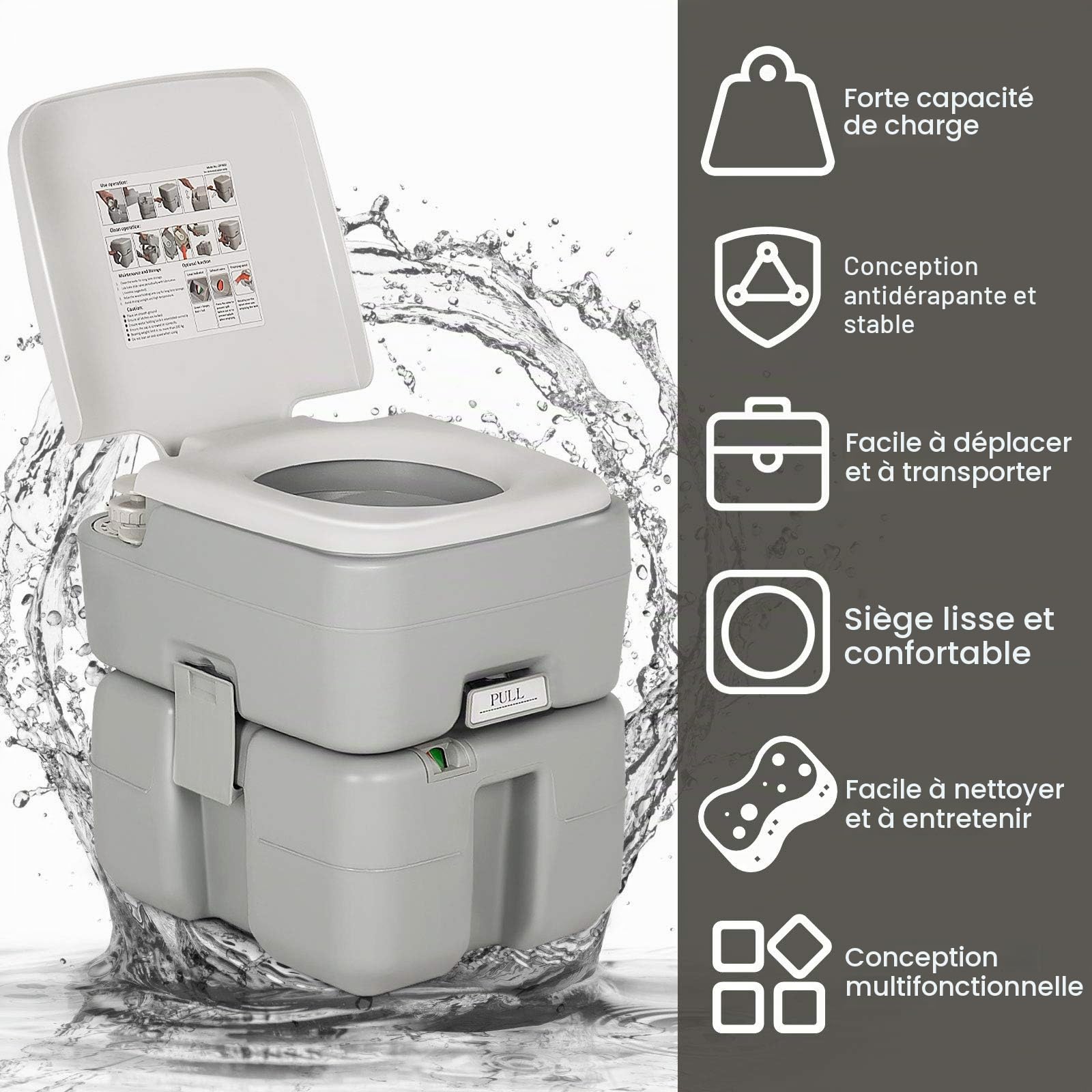 GOPLUS 20L+10L Toilette Portable avec Pompage d’Eau, Toilette Extérieure WC avec Indicateur Niveau d'eau,Tube de Purge Résistant aux Éclaboussures,ChargeMax 200KG,pour Camping,Pêche 41,5x36,5x42CM