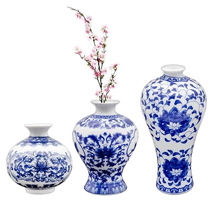 AuldHome Blue and White Chinoiserie Vases (Set of 3); Mini Decorative Bud Vases for Farmhouse, Cottagecore, and Vintage Decor
