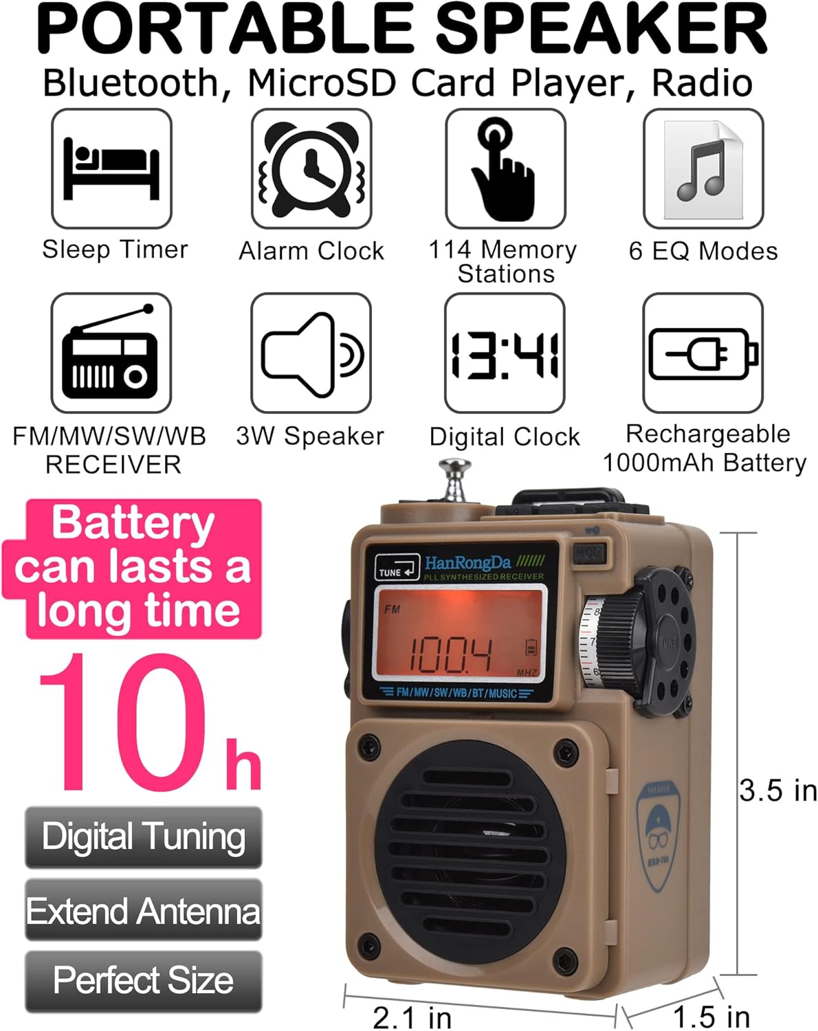 Radio, Bluetooth Speaker Support MicroSD Card, FM MW WB Shortwave Receiver with NOAA Alerts and Sleep Timer, Rechargeable Retro Digital Radios with Backlit and Alarm for Camping HRD701 - Image 2